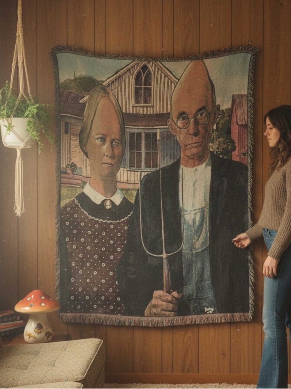 Americone Gothic Woven Blanket - 90s Coneheads Americana Art Mash-Up Throws